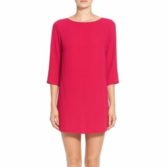 FREE🌟Leith Nordstrom Hot Pink 3/4 Sleeve Boat Neck Keyhole Crepe Shift Dress - Picture 2 of 9